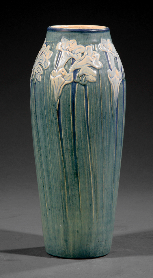 A Newcomb Pottery floral vase decorated by Anna Frances Simpson, 1911, will be among the offerings in the April 25-27 auction at the Neal Auction Co. in New Orleans. Courtesy Neal Auction Co.